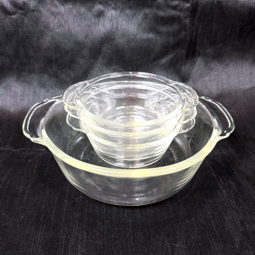 Vintage 4pc Fire-King Clear Glass Baking Casserole Set 1 - 1qt & 3 - 8oz Pieces
